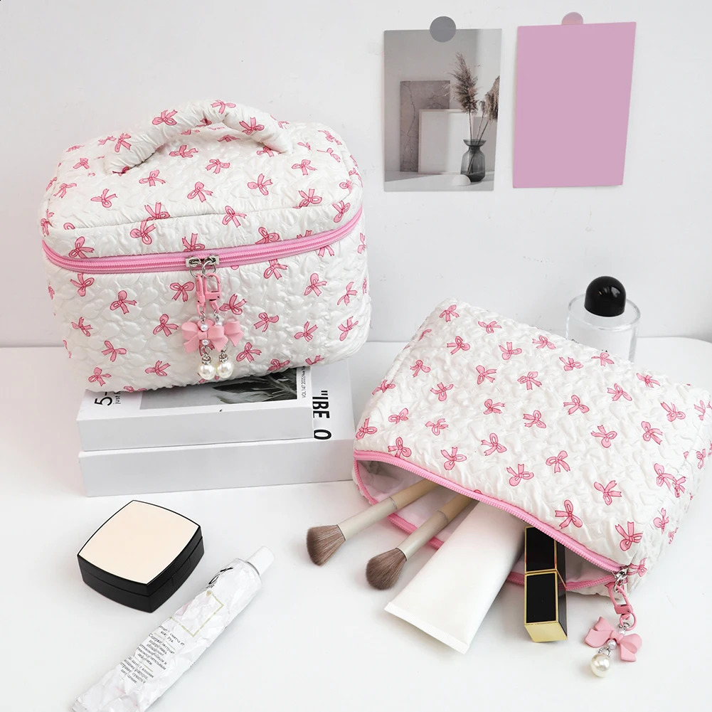 Cotton Bow Makeup Bag Womens Nylon Bedding Travel Makeup Bag with Zipper Sweet Beauty Makeup Bag 250410