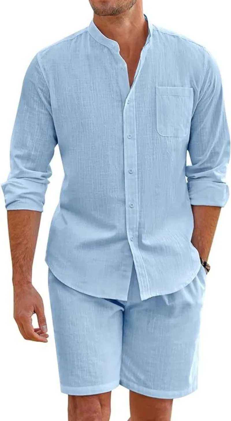Mens two-piece cotton linen comfortable button up shirt long sleeved cardigan casual beach wearXJ250412