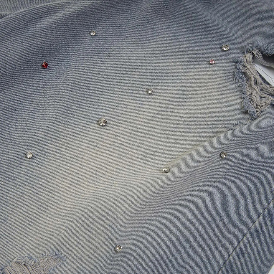 Rhinestone Denim Shorts Men Streetwear Harajuku Vintage Blue Ripped Jeans Shorts Casual Loose Shorts 250411