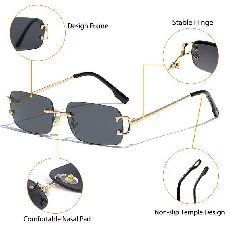 HBK Retro Rimless Sunglasses For Women Men Small Square Gold Frame Brand Design Tea Shades Rectangle UV400 Zonnebril EyewearC250411
