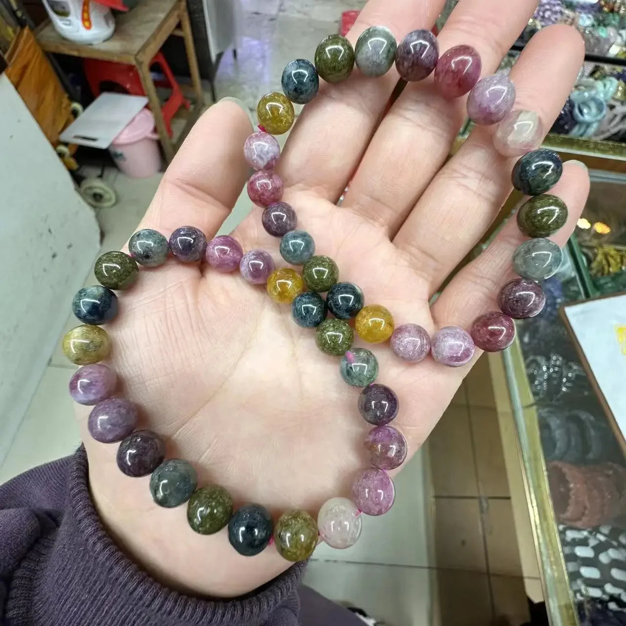 Natural colored tourmaline bracelet simple energy elastic bracelet academic magnetic on-site jewelry party gift wholesale 250409