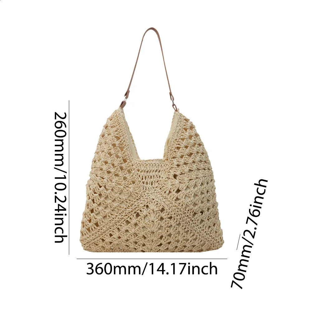 2024 Summer Straw Knitting Bag Hollow Out Tote Bag Solid Beach Shoulder Bag Holiday Travel Handbag Boho Shoulder Purse for Women 250407