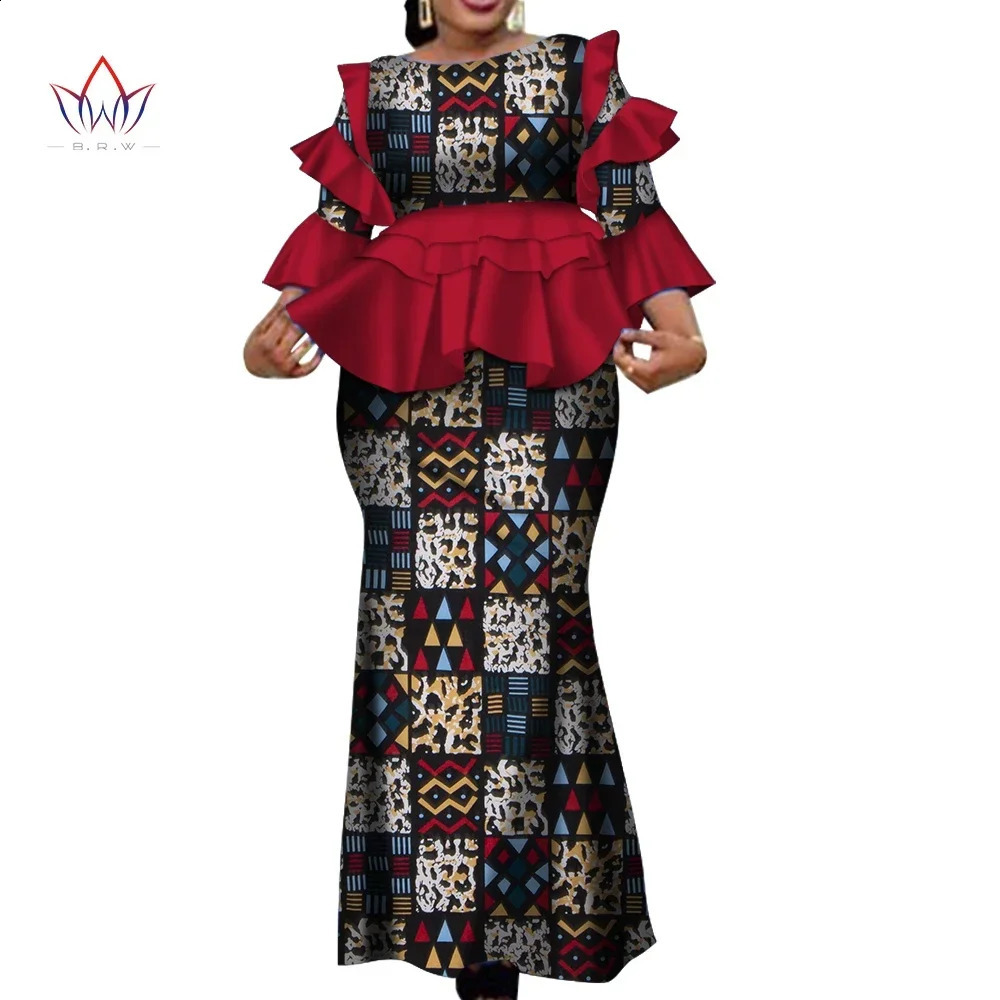 African Two Piece Outfits Set for Women Fashion Dashiki Ruffle Clothes Bazin Plus Size Clothing Party WY4142 250411