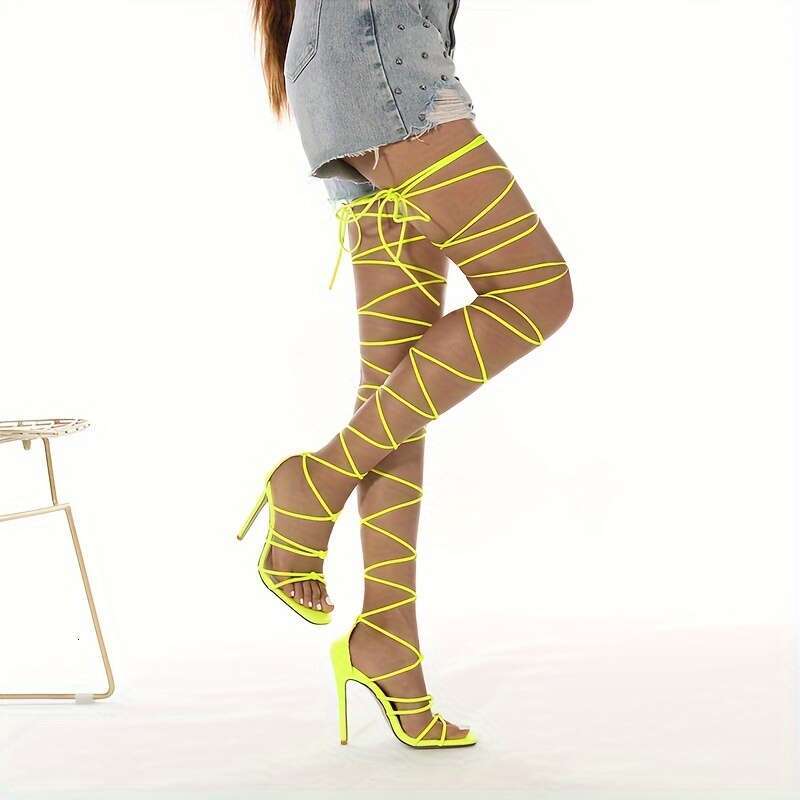 Women's Sexy Over-The-Knee Lace-Up Stiletto Heels, Open Toe High Heels With Rubber Sole, Man-Made Materials, All-Season Solid Color Party Shoes
