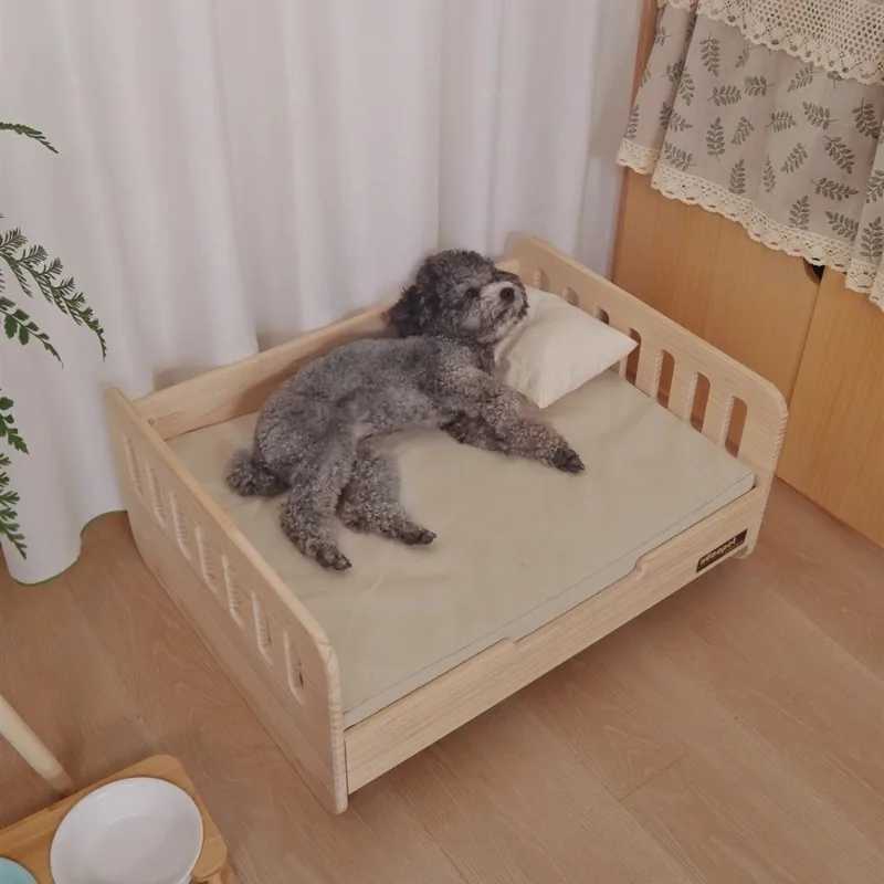 Solid wood pet cat and dog bed with mat scratch resistant canvas seasonal mat mini dog bed indoor pet furniture X250412