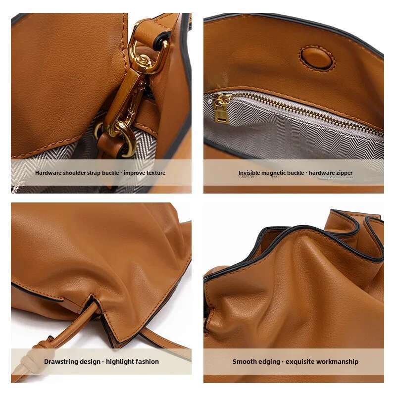 2024 new fashionable simple crossbody bucket womens genuine leather small drawstring bag bags for ladies