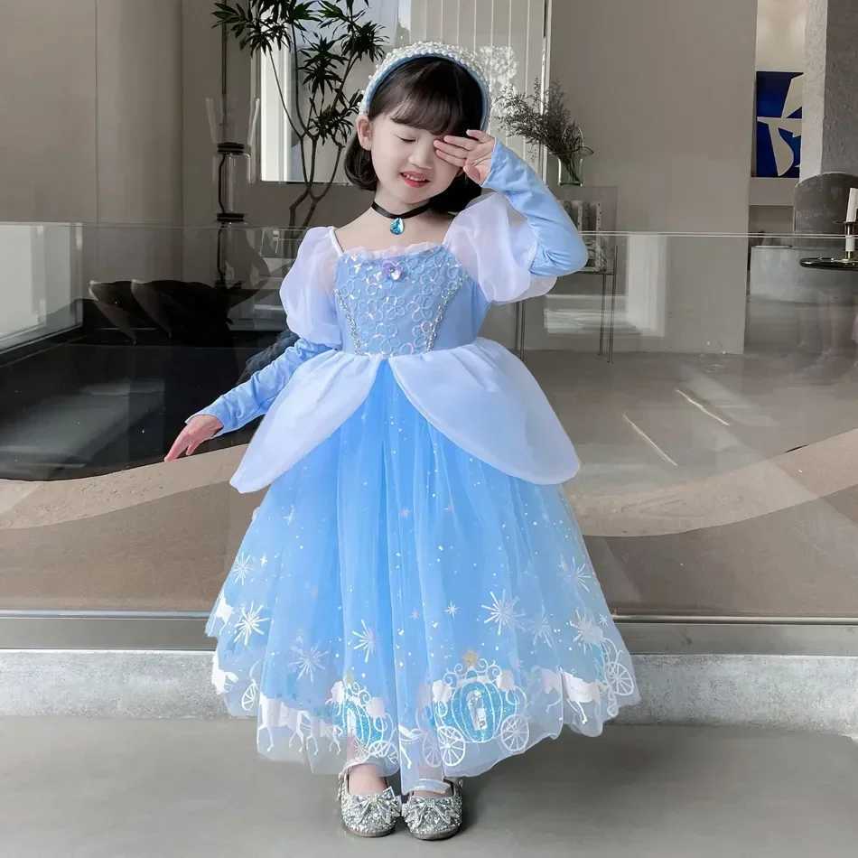 Disney Cinderella Princess Role Playing Dress Girl Childrens Ball Dress Glitter Carnival TUTU Puff Net Dress Birthday Gift Summer DressXJ250411