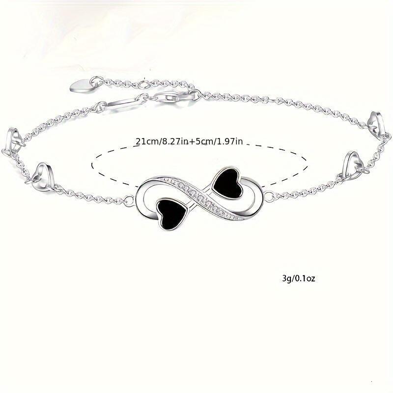 Infinite Love Heart Anklet - Sterg Sier with Black Enamel Hearts