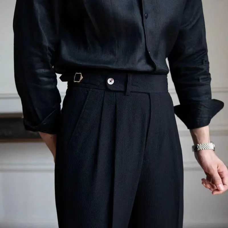 Seersucker Naples Set Trouser Mens UK Fashion High Waist Belt Design Straight Pants Summer Slimming Business Casual PantsXJ250412