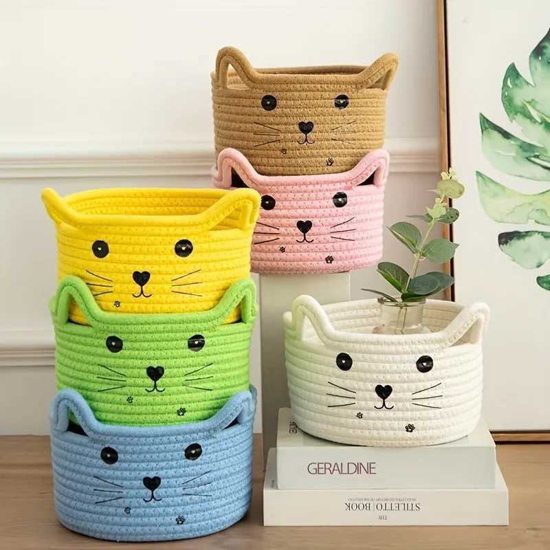 Cat Face Woven Cotton Storage Basket Toys Clothes s Pet Supplies Organizer Storage Living Ro Bedro He Organization Y251112