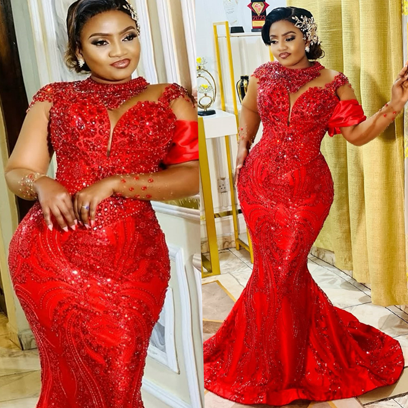 2025 Plus Size Red Prom Dress Mermaid Prom Dresses Evening Formal Gowns For Special Occasions High Neck Beaded Lace Birthday Second Reception Gowns AM