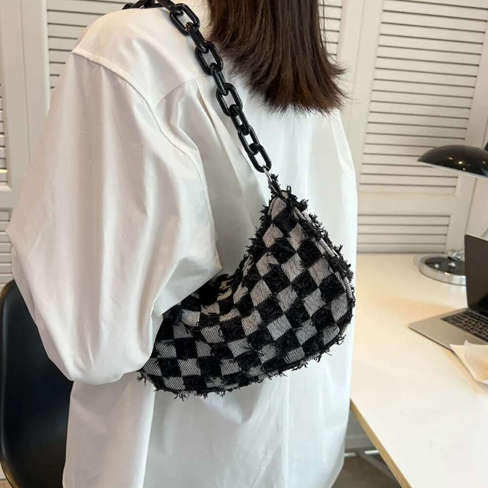 Vintage Women Casual Shoulder Underarm Bag Plaid Pattern Printing Denim Small Purse Ladies Chain Leisure Handbags