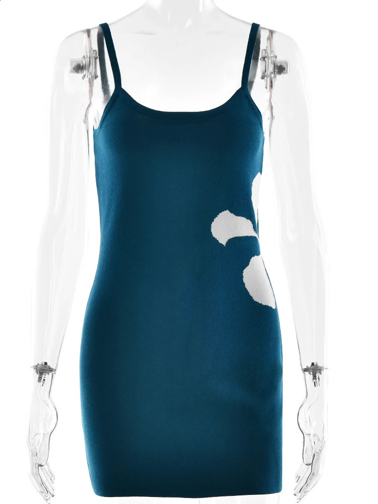 JULISSA MO Knitted Printed Holiday Sexy Backless Womens Dress Blue spaghetti Shoulder Strap Mini Dress Womens Summer Casual Beach Wear 250408