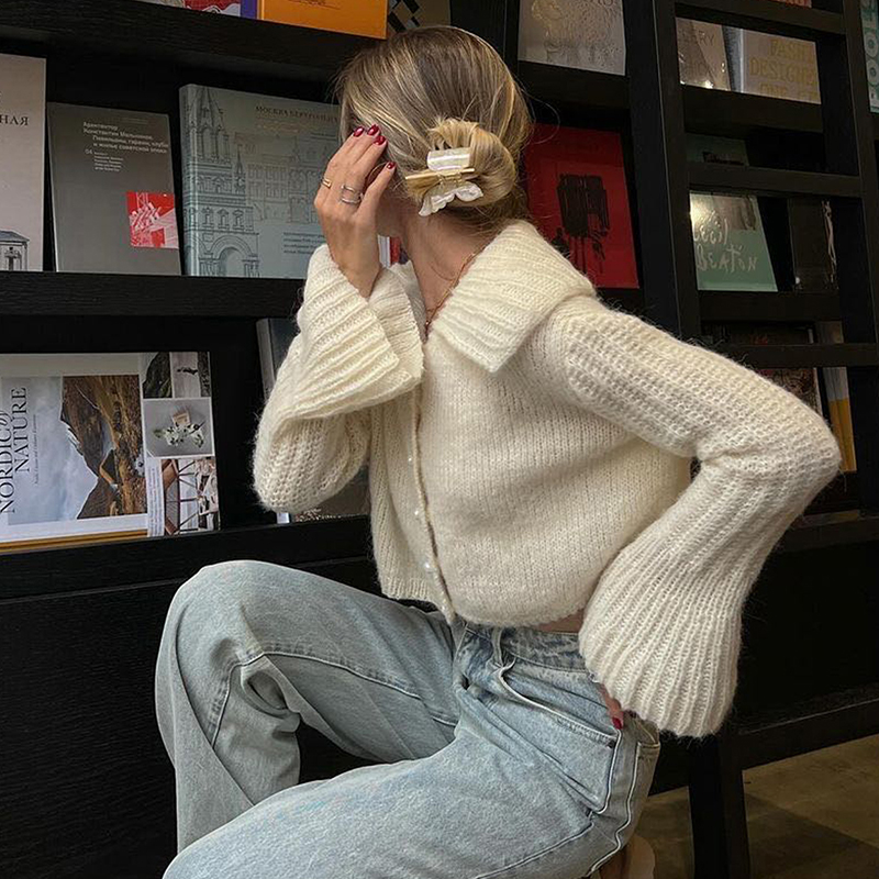 Women's solid color cardigan sweater coat loose fit large collar flared sleeves with pearl buttons a versatile fashion sweater lovely and elegant