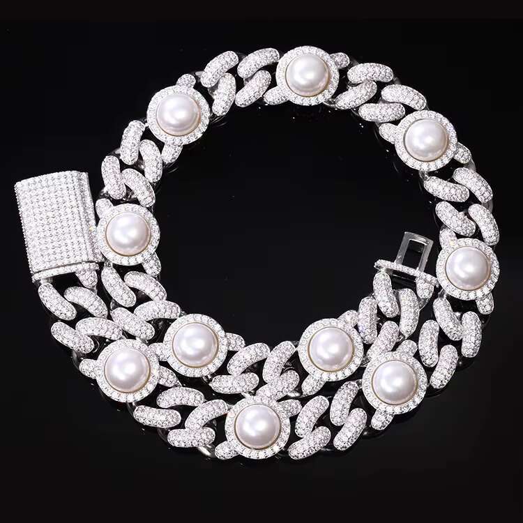 Unique Design Elegant Necklace 17mm Wide Freshwater Pearl Sterling Silver VVS Iced Out Moissanite Chain for Anniversary Gift