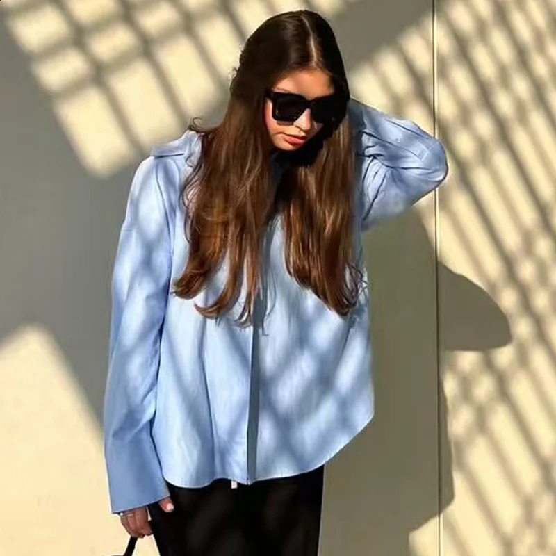 TRAF Womens Blue Shirt Plus Size Long Sleeve Blouse Woman 2025 Shirts Blouses Button Up Oversized Shirt Korean Style Shirts 250411
