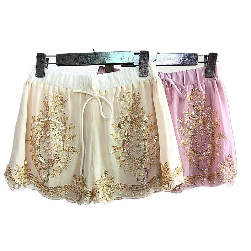 Sidaimi Women Summer Chiffon Shorts Floral Beading Wide Leg Shorts Sequined Bling Vocation Shorts Capris Female 250411