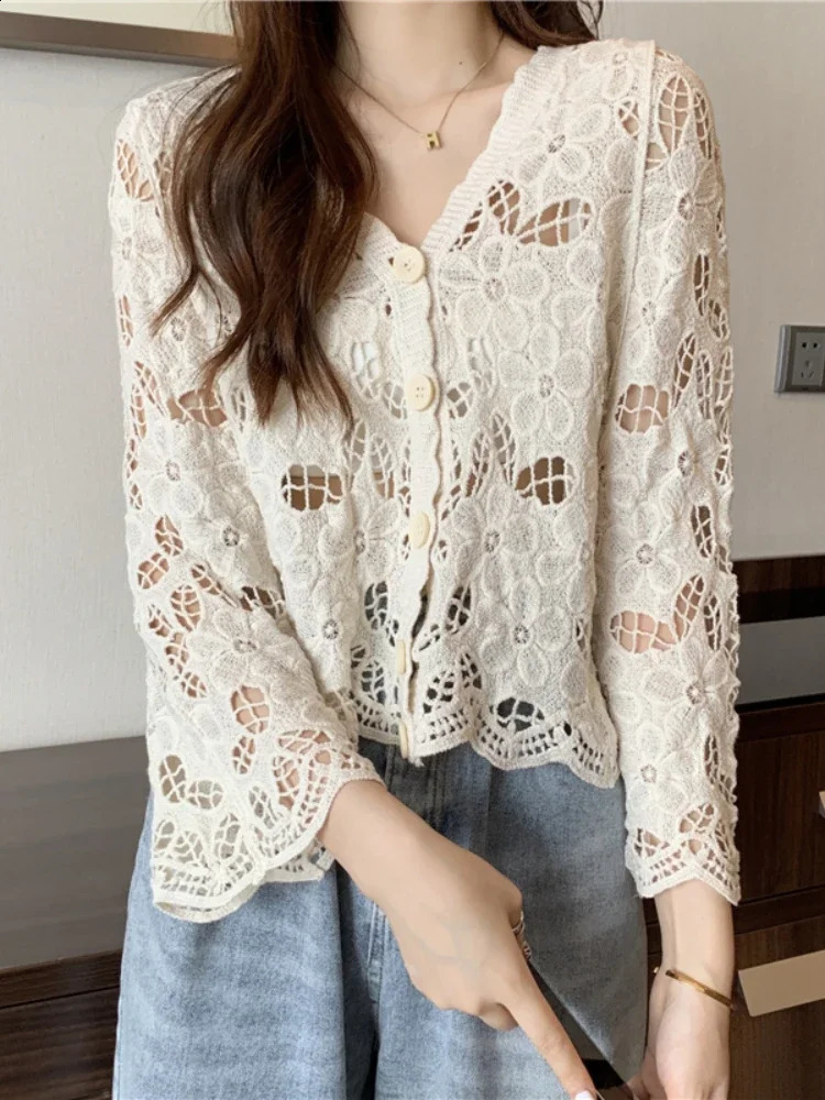 V-neck Solid Lace Long-sleeved Openwork Button Long Sleeve Top Cover-ups Blouse Women Cardigan Hollow Mesh Cardigan Knitwear 250411