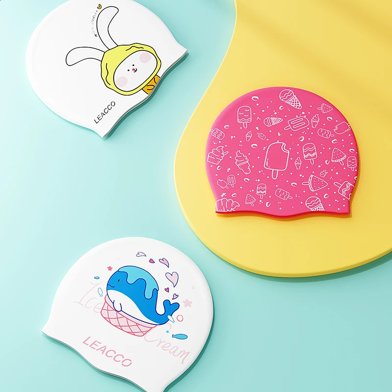 childrens high elasticity silicone professional swimming cap with cartoon print various cute styles soft and waterproof 250411