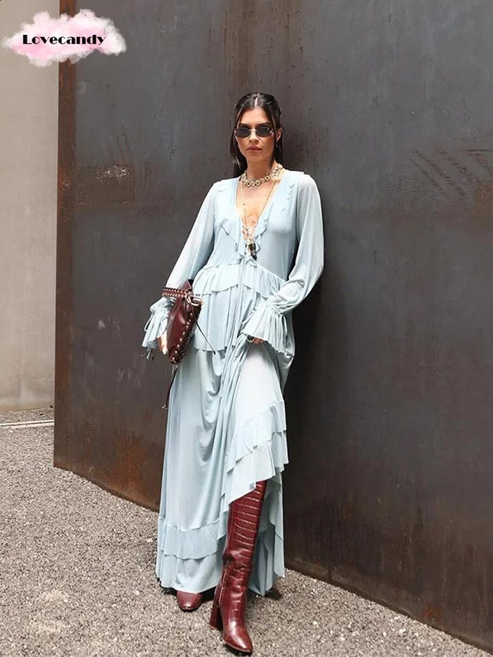 Women Blue Ruffles Hem Top Skirt Set Chic Long Flare Sleeve V Neck Blouse Loose Skirts Suit 2025 Summer High Street Lady Outfit 250411