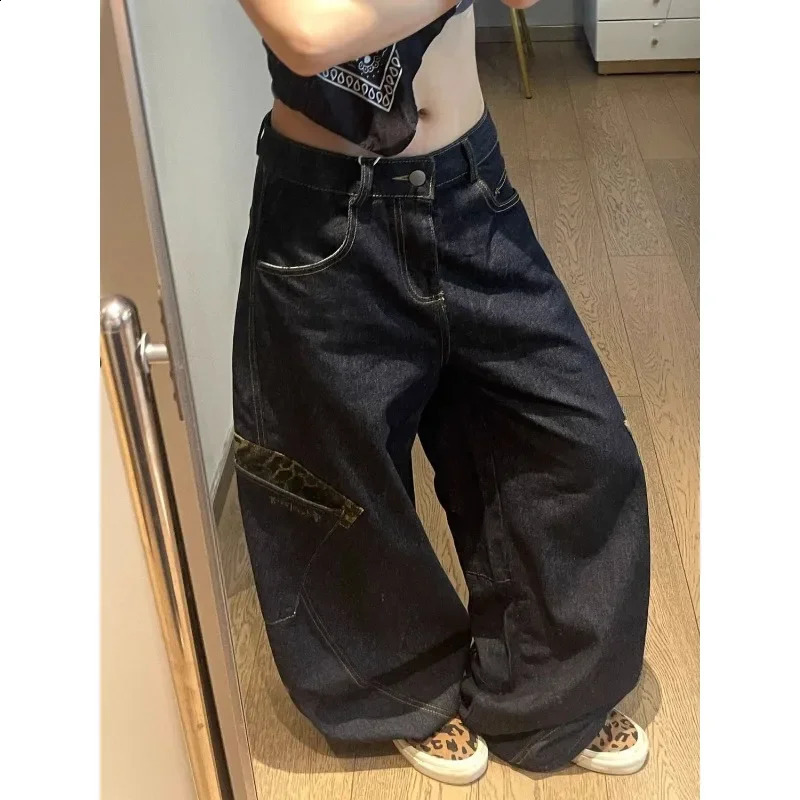 Deeptown Y2K vintage womens jeans large pocket curved knife leopard wide leg denim cargo pants Harajuku bagged autumn mens clothing 250410