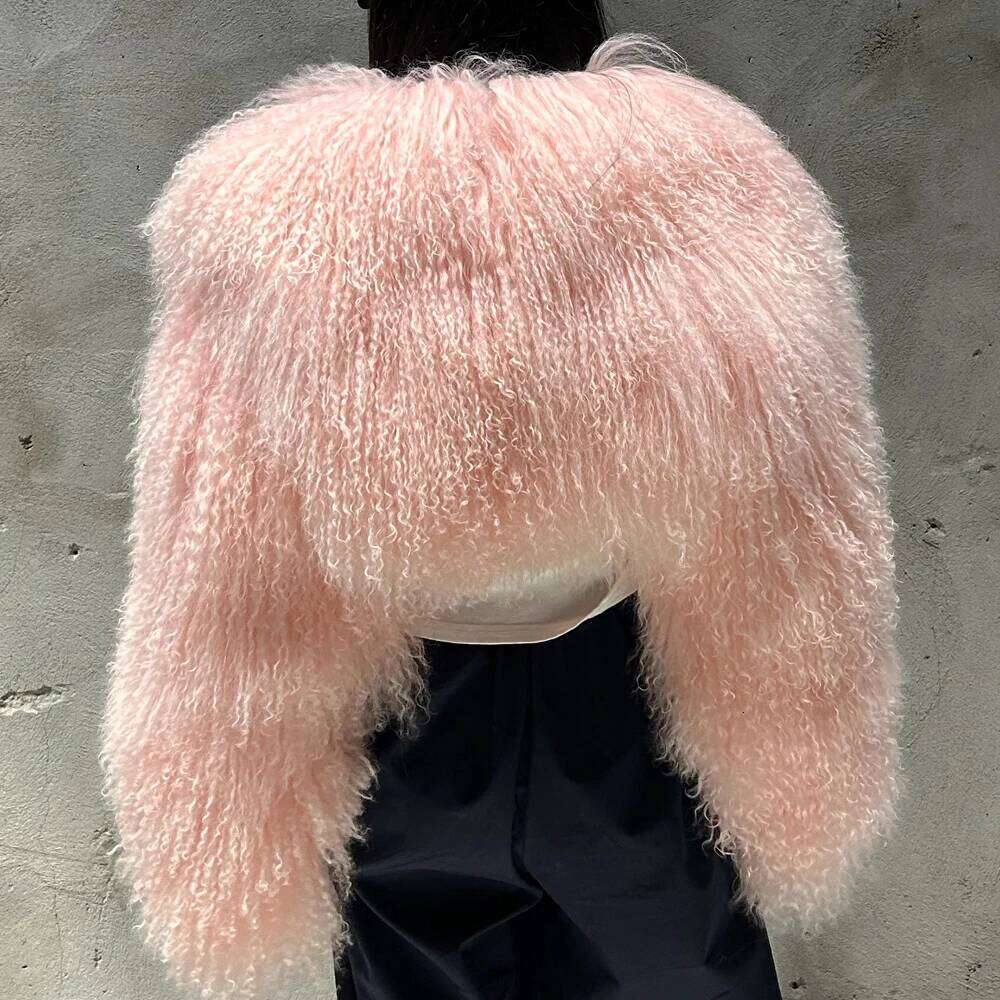 Designer Clothes Pink Cropped Mongolian Warm Curly Jacket Winter Natural Sheep Fur Coat Hot Selling