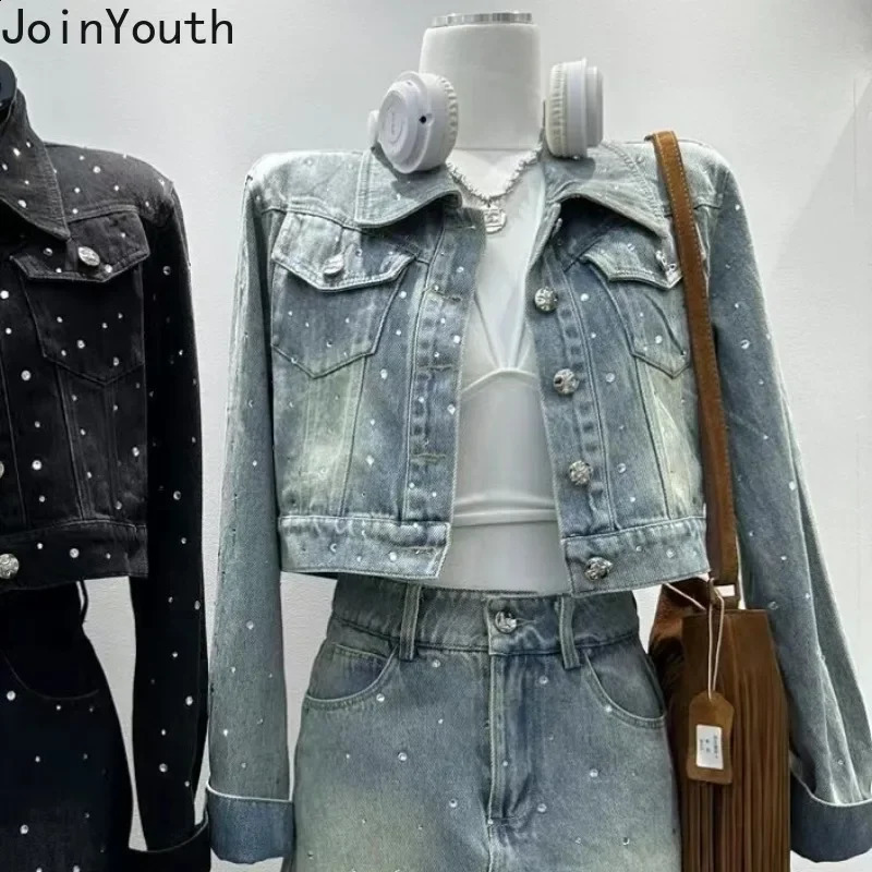 Korean Two Piece Sets Womens Outfits Temperament Crop Coat High Waist Bodycon Mini Skirt Suit Roupas Femme Diamond Denim Set 250411