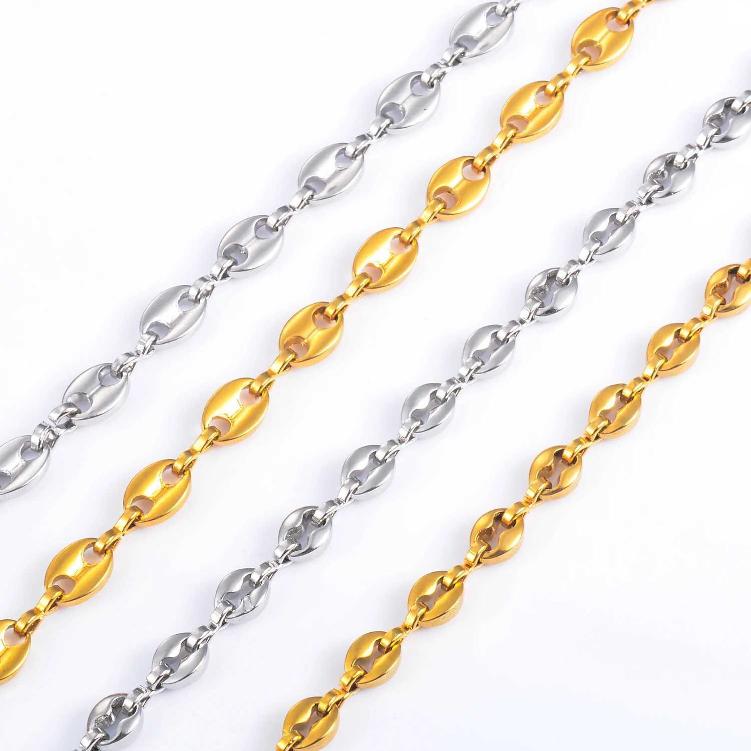 5mm 4.5mm Stainless Steel Coffee Bean Chains Gold Silver Color Pig Nose Bracelets With Extender 3cm Punk Hip Hop Fashion JewelryC250411