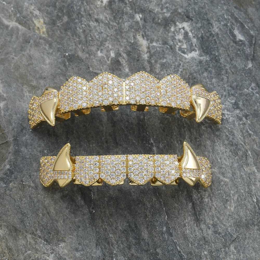 Htpwe Hip Hop Full CZ Stones Teeth Grillz Hat Cube Zircon Ice Out Mini Paving Mens and Womens Jewelry Top and Bottom Charm Grill W250412