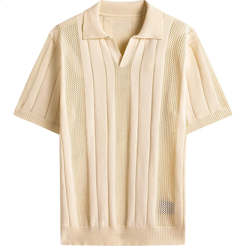 Summer woven striped knit shirt with collar paired with short sleeved polo shirt hollow mesh breathable T-shirt 250411