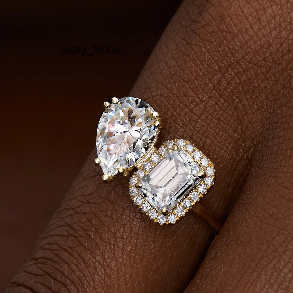 Custom 925 Silver Jewelry Multi Stone Wedding Engagement Toi Et Moi Pear Emerald Cut Moissanite Ring