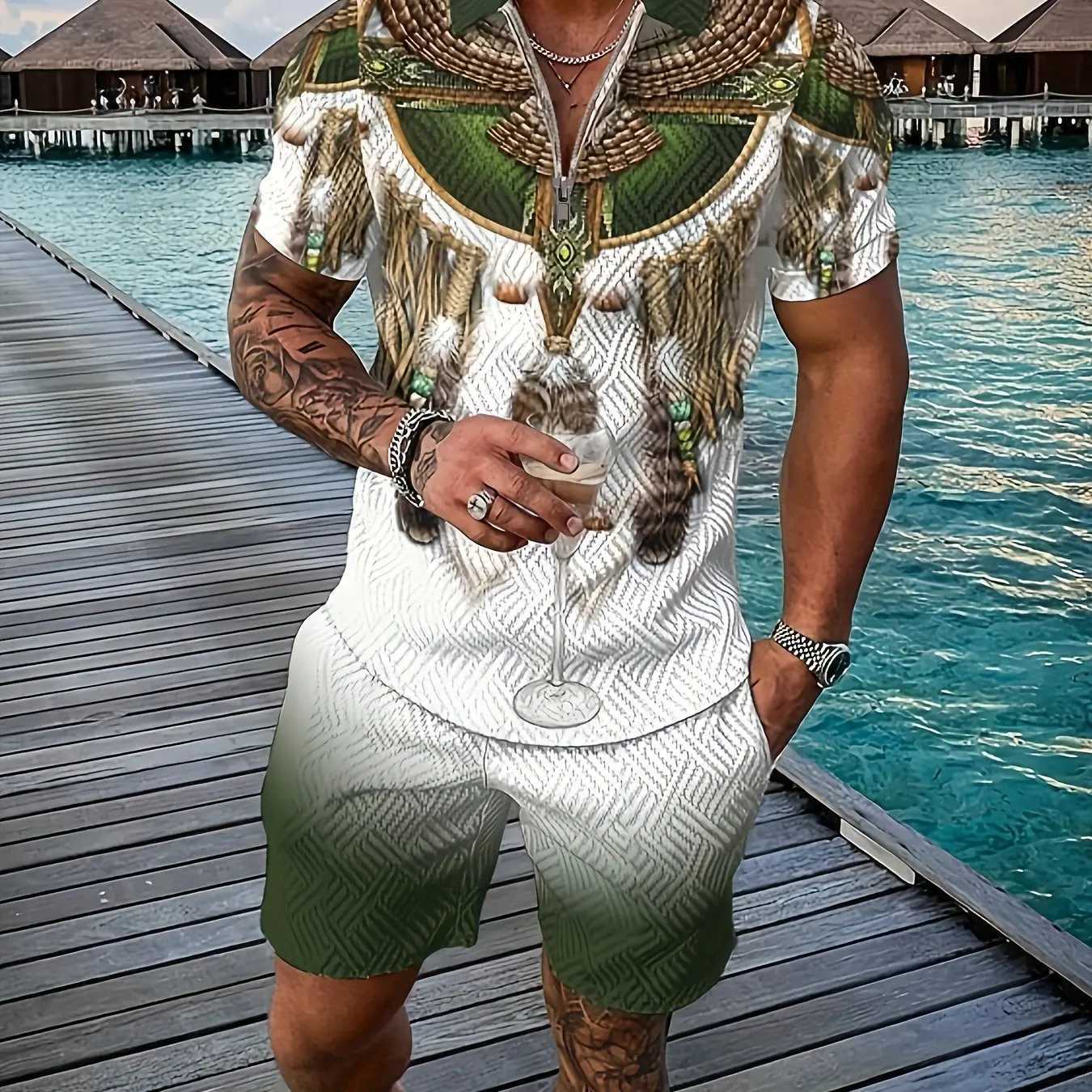 Retro ethnic style totem 3D printed mens sportswear set summer zipper polo shirt+shorts 2-piece set mens clothing track setXJ250412