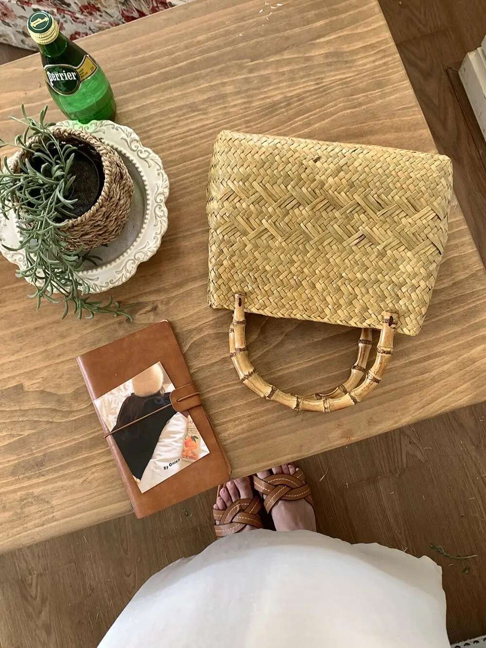 Vintage Handbag Bamboo Knot Wooden Handle Water Grass Woven Women Seaside Vacation Travel Beach Bag Picnic Vegetable Basket