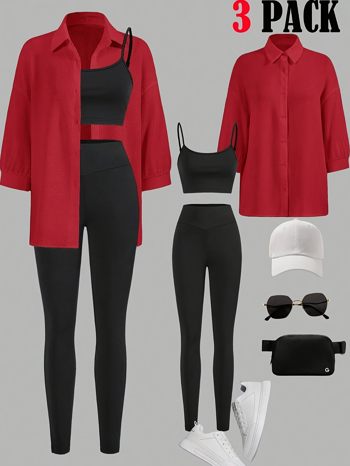 Women's Shirt Inner Wear Three-Piece Set, Casual Fashion Comfortable Outfit, Red Shirt with Black Camisole & Leggings, Versatile for Daily & Leis
