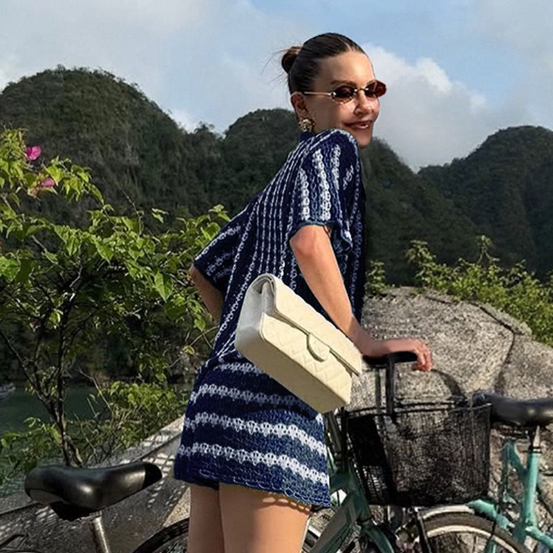 Elegant Fall Season Ladies' Costume Ensemble Featuring Vibrant Striping for Special Occasions---NBL105 blue and white