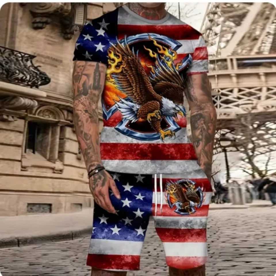 2024 Fashion Mens Printed Retro Eagle Pattern Summer Casual Breathable Sportswear Oversized Mens Y2K StyleXJ250412