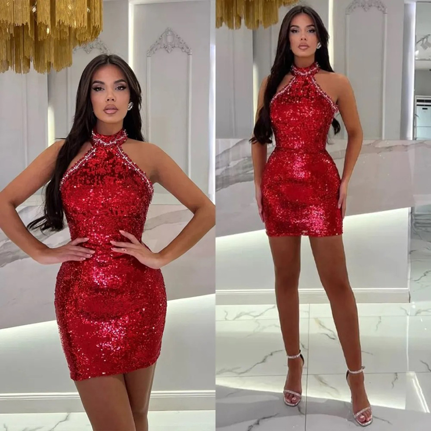 Sexy red Short cocktail Dresses halter sequins short prom Dress backless Mini Party Gowns sheath homecoming graduation dress