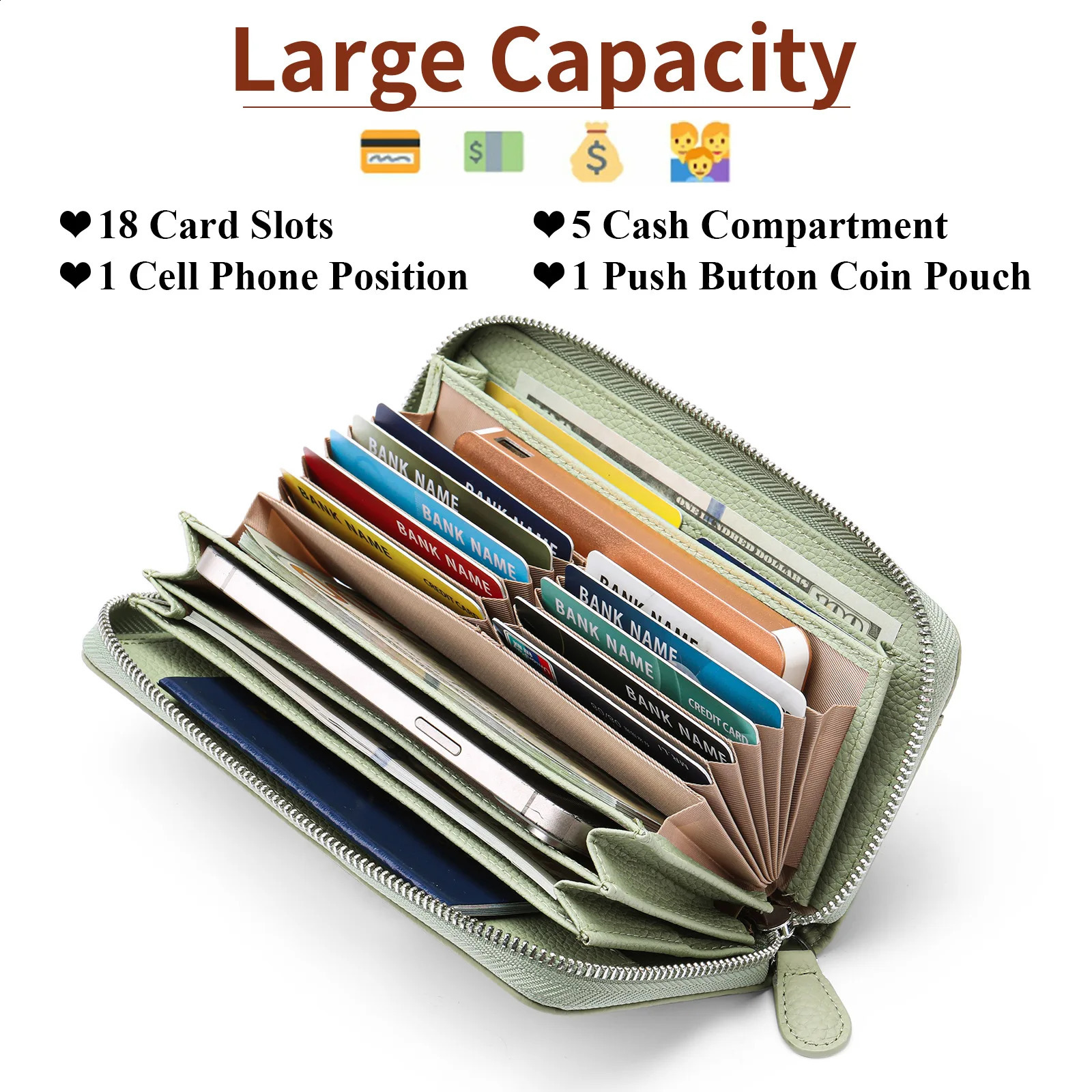 Zency genuine leather womens wallet long multi card position large capacity coin wallet bag womens clutch bag Rfid 250411