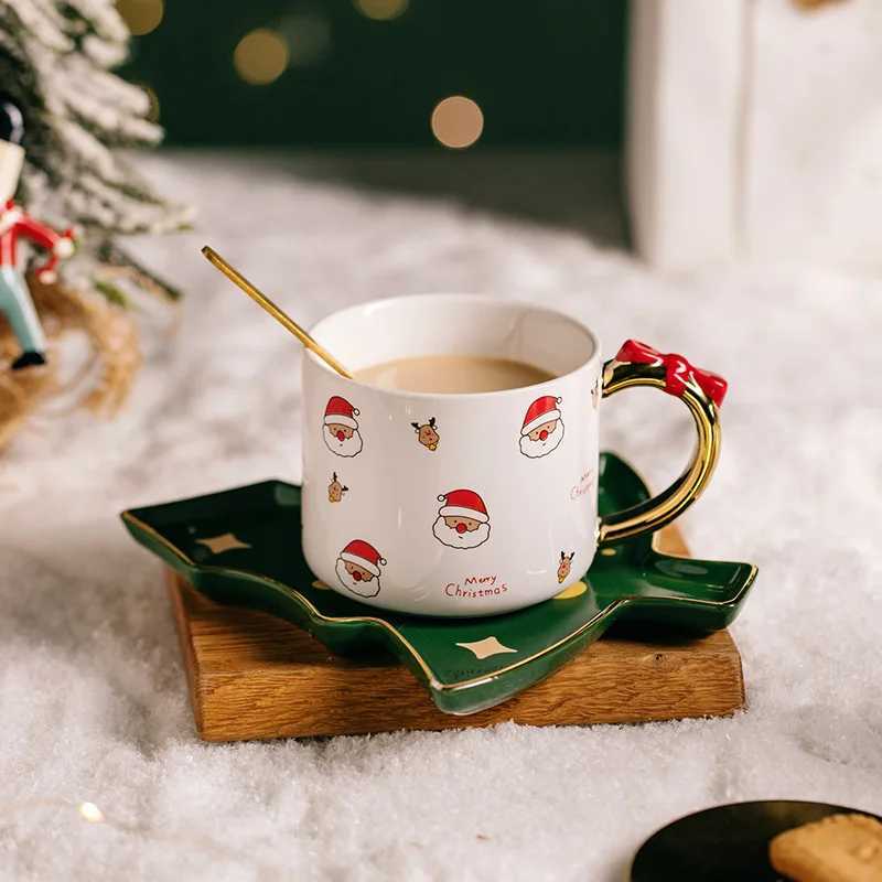 Christmas Style Ceramic Coffee Cup and Saucer Creative Cute Christmas Trees Saucer Christmas Elements Coffee Cup gift box H251112