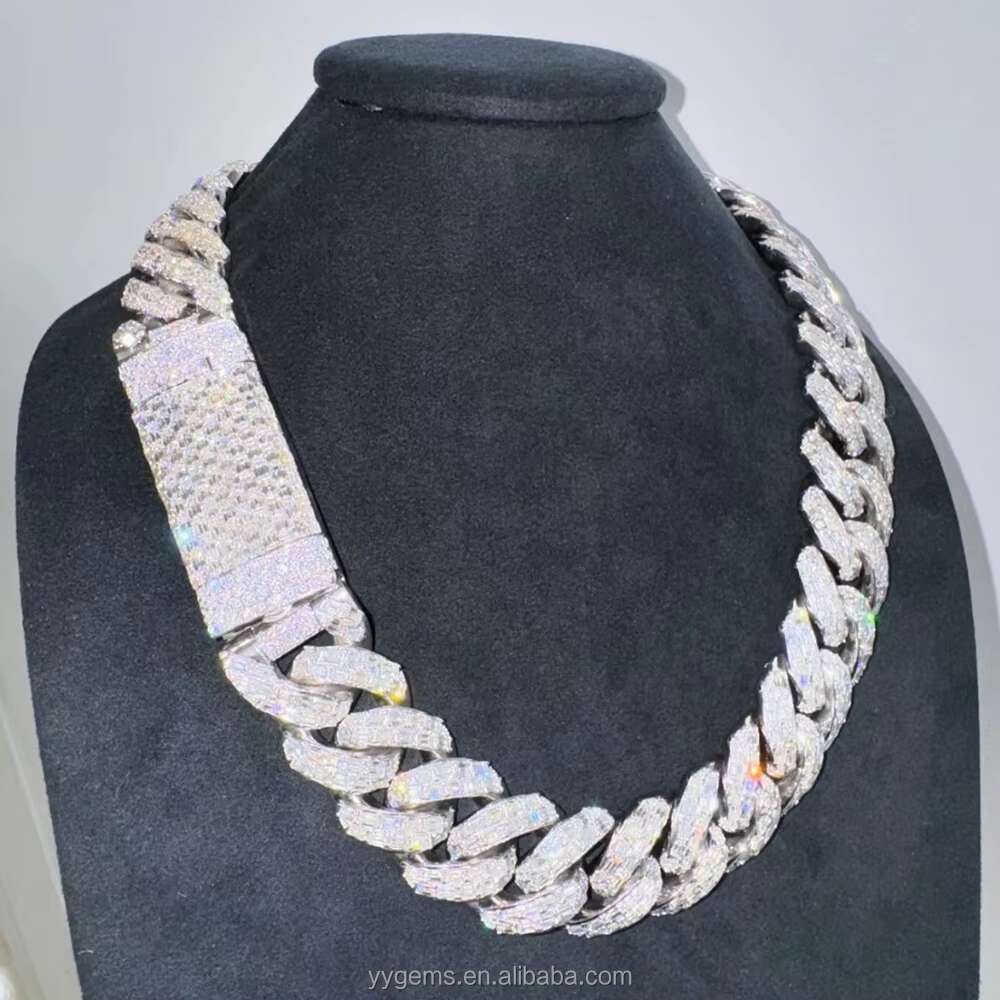 Yu Ying Custom 20mm Men Full Emerald Cut VVS Moissanite White Gold S925 Silver Cuban Link Chain Necklace Hip Hop Jewelry