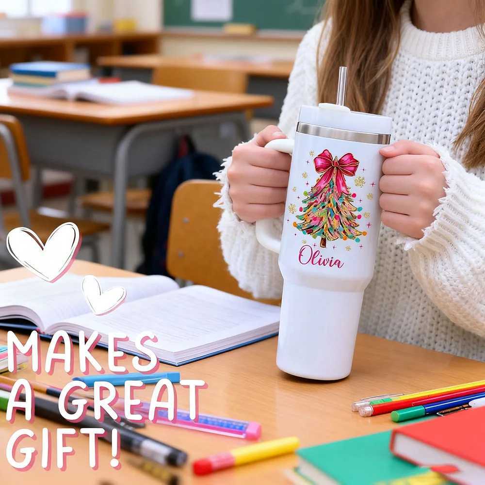 Christmas Christmas Insulated Tumbler Custom Name Faux Glitter Christmas Tree And Bow Trendy Coquette Tumbler Ideal Holiday Gift Y251112