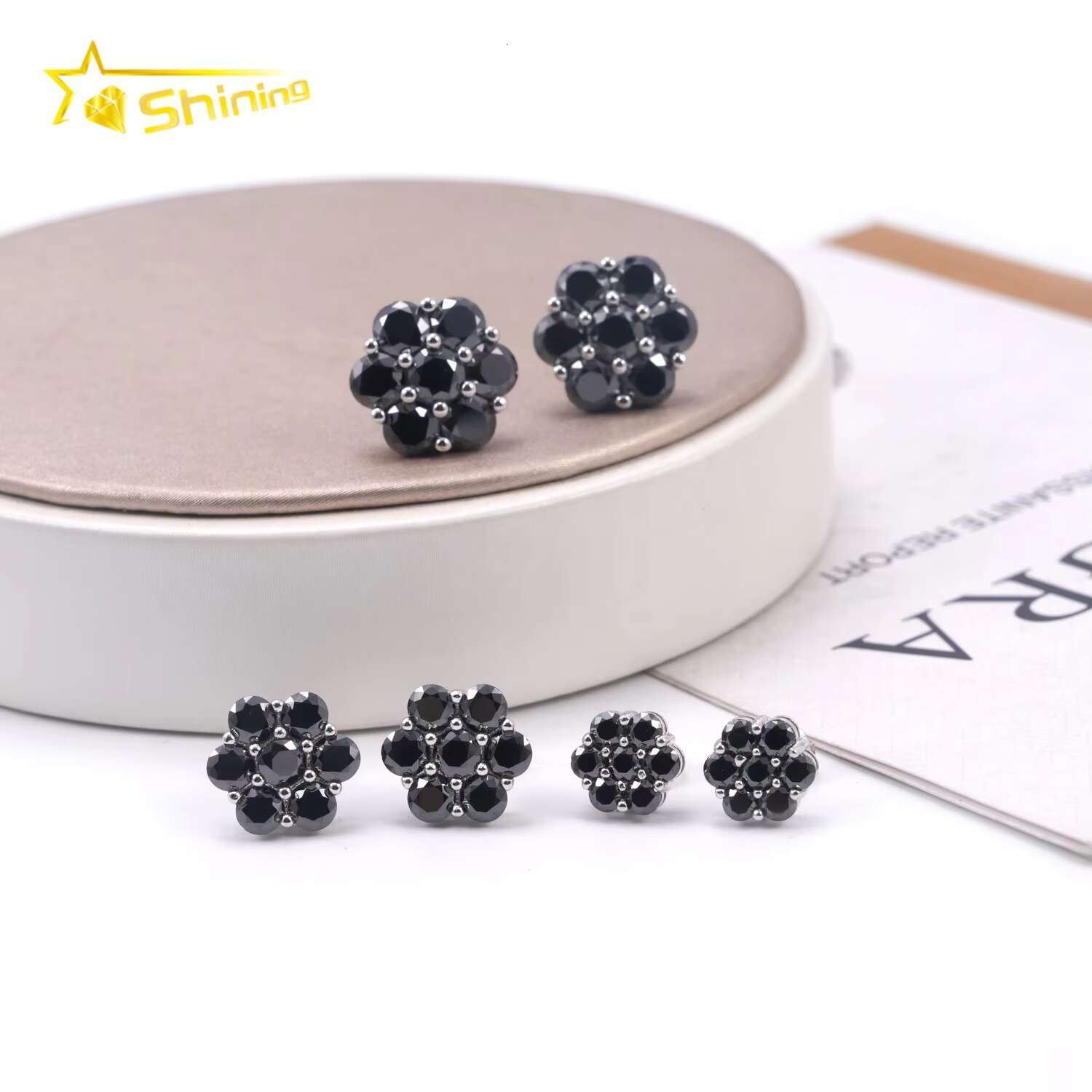 Hot Sale Fine Jewelry Black Diamond Hip Hop Iced Out 925 Sterling Silver Flower Moissanite Earrings