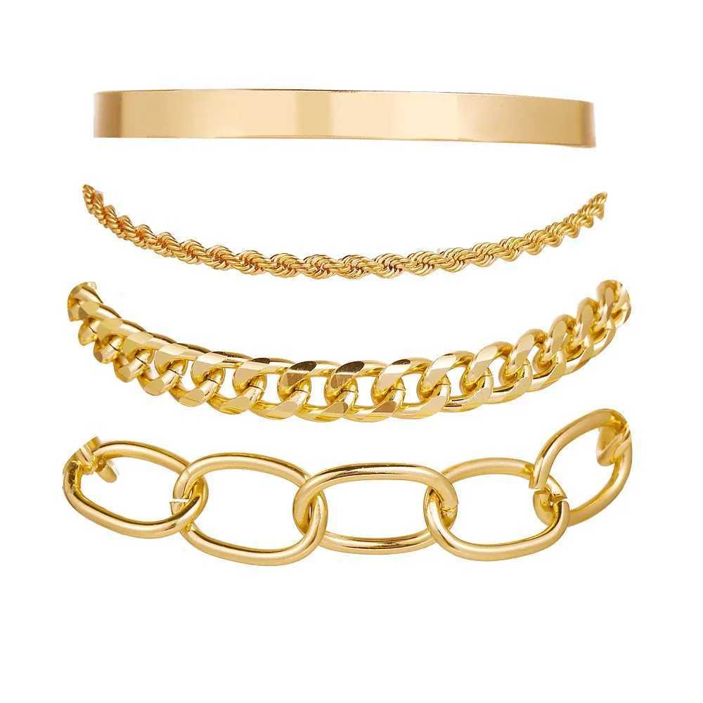 Bohemian Metal Chain Bracelet Set For Women Geometric Gold Color Thick Link Chain Open Bangle Female Fashion JewelryC250411