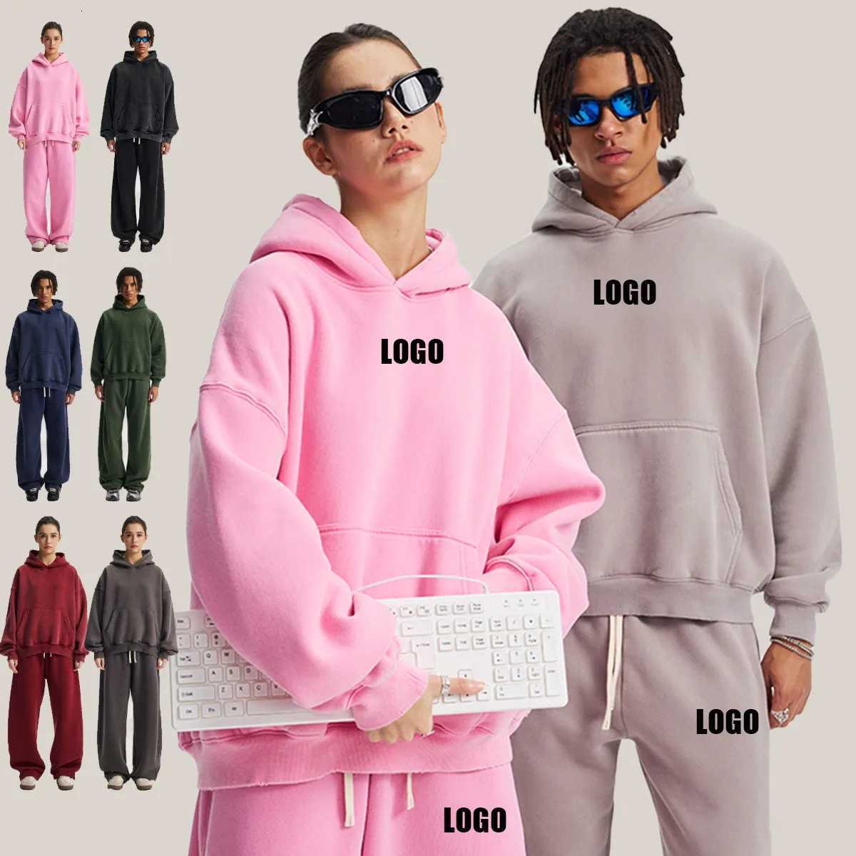 POD customization Custom mens new short BOXY version 370G heavy fleece worn old hooded sweater scimitar wide leg trousers couple suitT251112