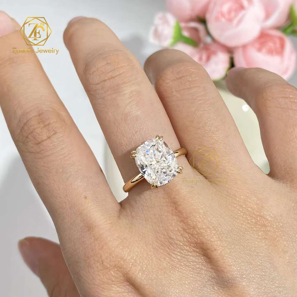 Trendy Design 18K Gold Wedding Band Ring 5CT Long Cushion Cut Moissanite Ring with Hidden Halo Fine Jewelry Women Ring