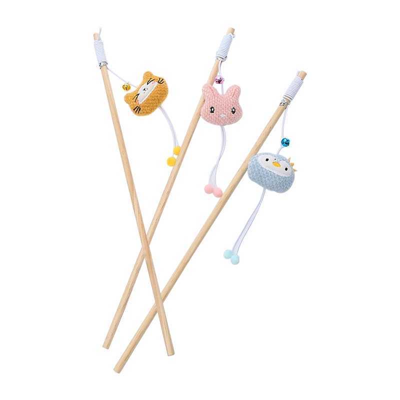 Cat toy wooden pole cute animal shape plump and adorable cat stick interactive and fun pet supplies with bells Y250412