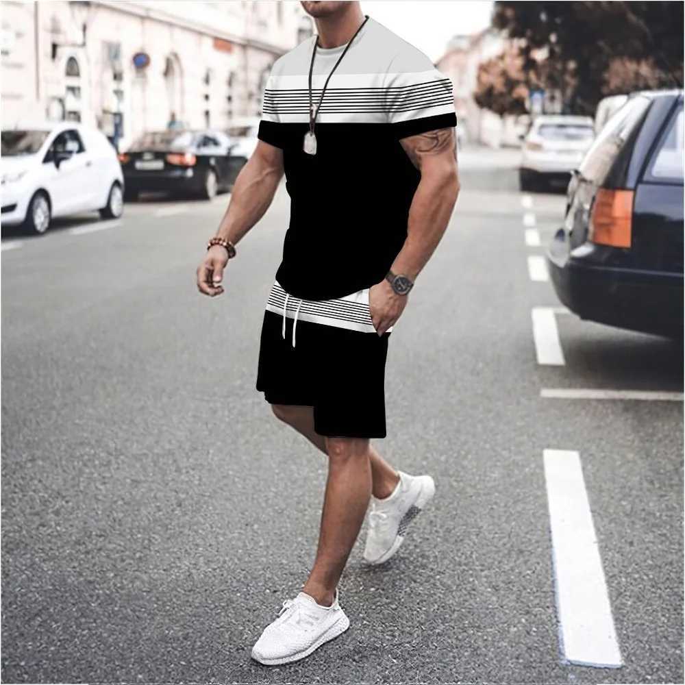 New mens sportswear T-shirt line 3D printing casual plus size track and field clothing mens summer clothing mens two-piece setXJ250412