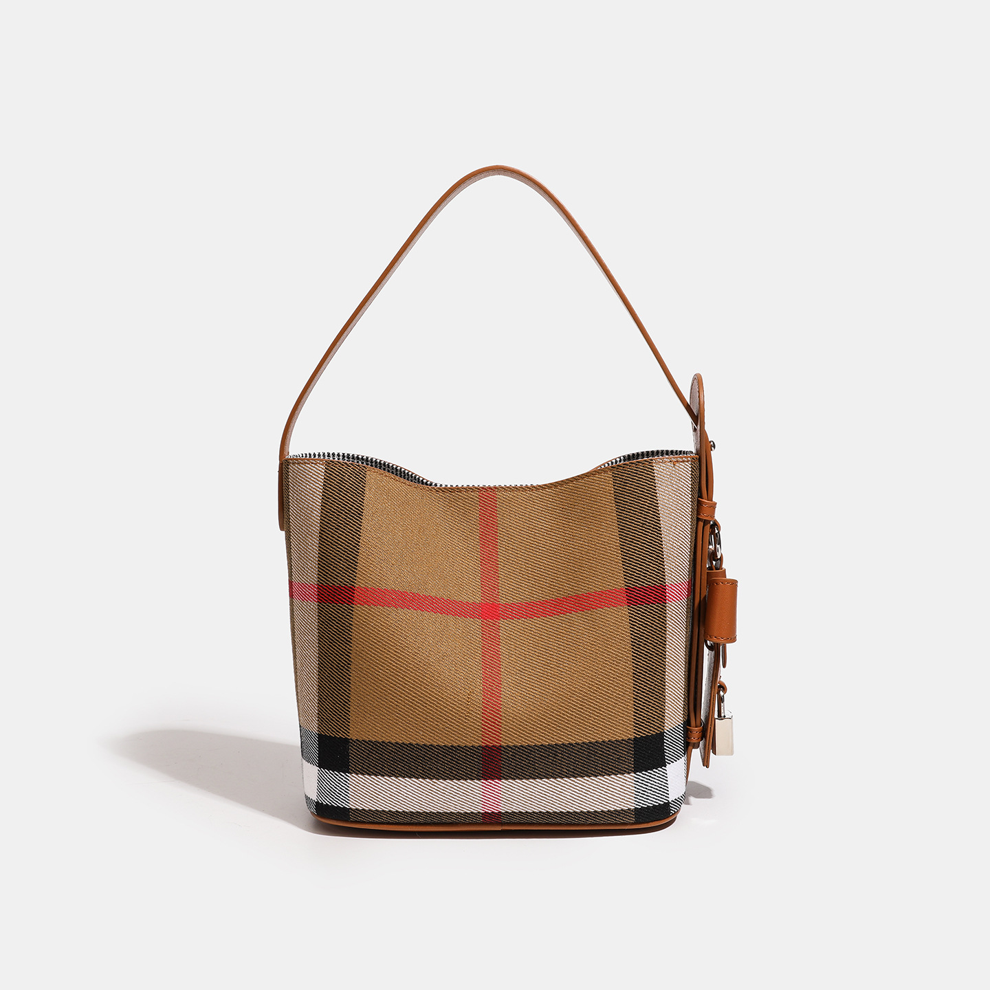 New Style Plaid Cloth with Leather Bucket Bag 2025 High-end Casual Large Capacity Women's Bag Plaid Handbag Shoulder Bag