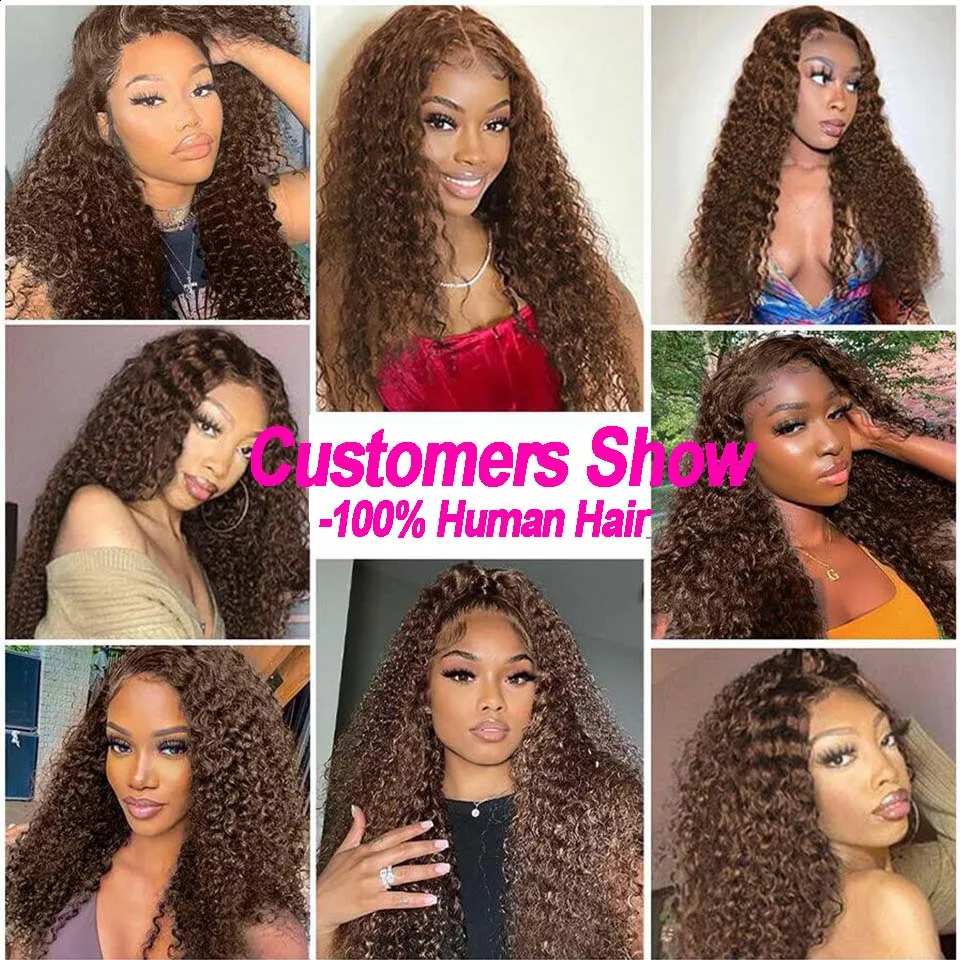 HD 13x4 Kinky Curly Chocolate Brown Lace Front Human Hair Wigs Pre Plucked Colored 13x6 Deep Wave Transparent Lace Frontal Wig 250409