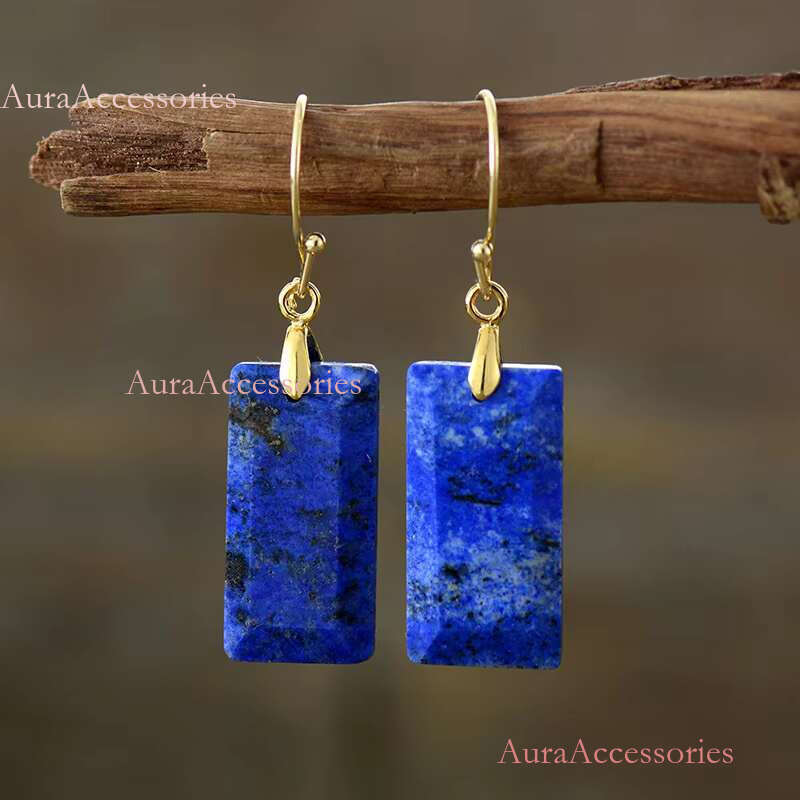 Natural Crystal Square Gemstone Dangle Gold Plated Needle Imperial Jasper Stone Drop Earrings